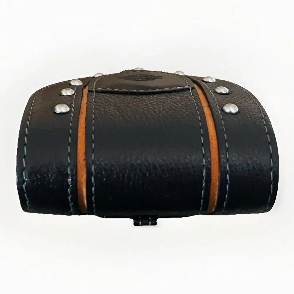 Harley Davidson Leather Belt Pouch Case Studded Black Orange NOS Wrist Strap
